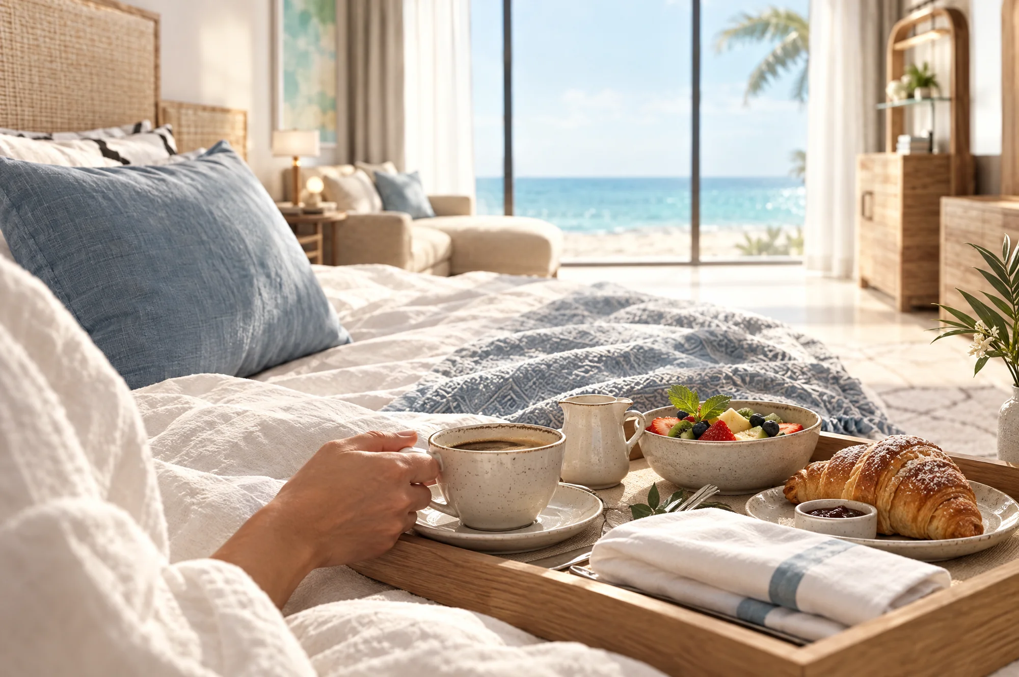 A slow breakfast in a sunlit hotel room