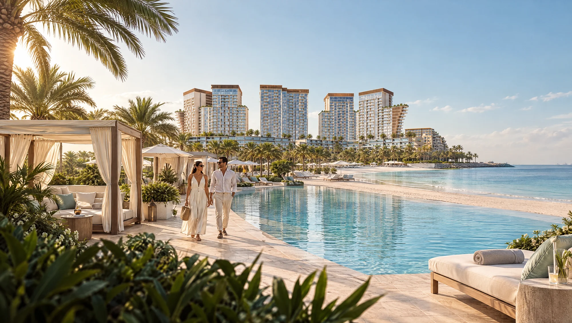 A couple walking beside a beachfront pool and shaded cabanas