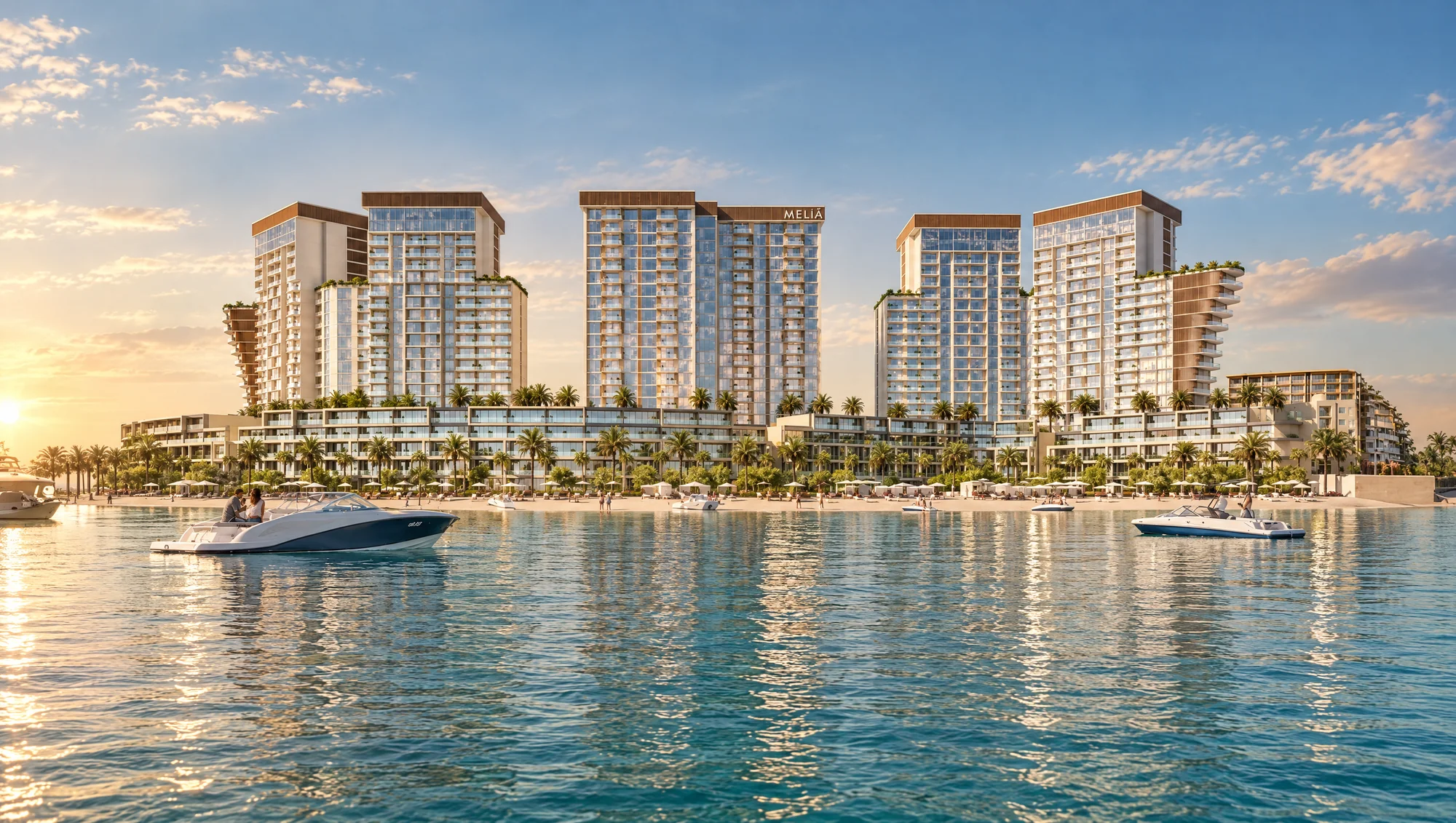 Meliá Beachfront concept showing the completed-design waterfront towers, landscaped terraces and sea frontage